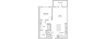 A floor plan of an apartment with a bedroom, bathroom, kitchen, and living room.