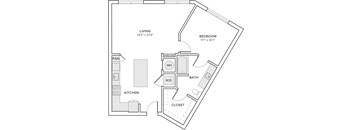 A black and white image of a floor plan for a small apartment.