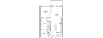 A floor plan of a small apartment with a bedroom, living room, kitchen, and bathroom.