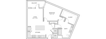 A floor plan of a home with a bedroom, living room, kitchen, bathroom, and closet.