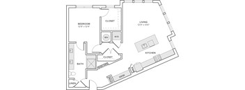 A floor plan of a small apartment with a bedroom, bathroom, kitchen, and living room.