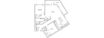 A floor plan of an apartment with a bedroom, living room, kitchen, and bathroom.