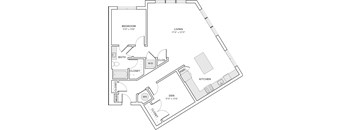 A floor plan of a home with a living room, kitchen, two closets, a bathroom, and a mud room.
