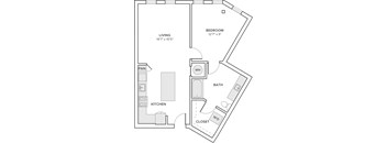 A floor plan of a small apartment with a living room, kitchen, bathroom, and bedroom.