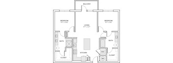 A floor plan of a two bedroom apartment with a living room, bathroom, kitchen, and closet.