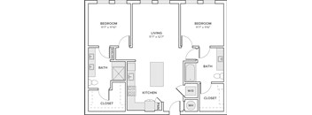 A black and white image of a floor plan for a home with two bedrooms, a living room, a kitchen, a bathroom, and a closet.