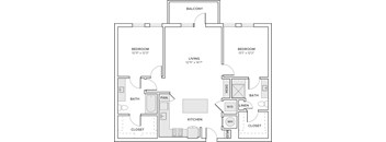 A black and white image of a floor plan for a two-bedroom apartment.