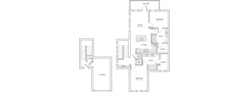 A floor plan of a house with two bedrooms, a living room, a kitchen, a bathroom, a mud room, a garage, and a balcony.