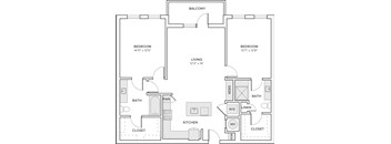 A black and white image of a floor plan for a home with a balcony, two bedrooms, a living room, a kitchen, two bathrooms, and two closets.