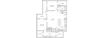 A floor plan of a house with two bedrooms, a living room, a kitchen, a bathroom, and a balcony.