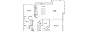 A black and white image of a floor plan for a home with a kitchen, living room, and two bedrooms.