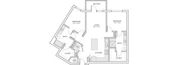 A floor plan of a two-bedroom apartment with a living room, kitchen, bathroom, and closet.