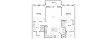 A black and white image of a house floor plan with two bedrooms, a living room, a kitchen, a bathroom, and a balcony.