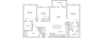 A floor plan of a house with three bedrooms, a living area, a kitchen, a bath, and a balcony.