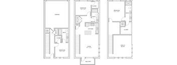 Three floor plans for a house with a garage, living room, and kitchen.
