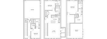 Three floor plans for a house with a garage, living room, and balcony.