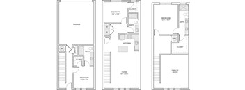 Three floor plans for a house with a garage, a living area, and a bedroom.