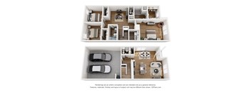 A 3D floor plan of a house with two bedrooms, a living room, a kitchen, a dining room, and a garage.