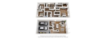 A 3D floor plan of a house with two bedrooms, a living room, a kitchen, a dining room, and a garage.