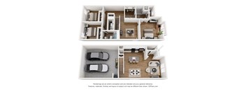 A floor plan of a two-story house with a garage and a living room.