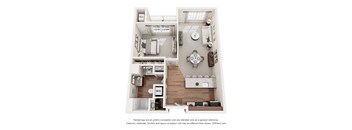 A 3D floor plan of a house with a kitchen, living room, and bedrooms.