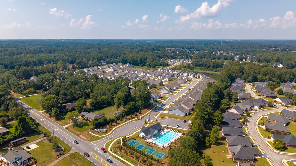 Elevated perspective showcasing the community’s homes and surroundings.