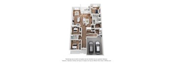 A 3D floor plan of a house with two bedrooms, a living room, a kitchen, a dining room, and two parking spaces.