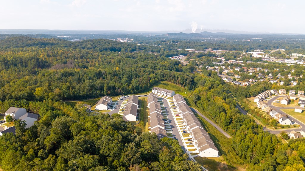 Elevated perspective showcasing the community’s homes and surroundings.