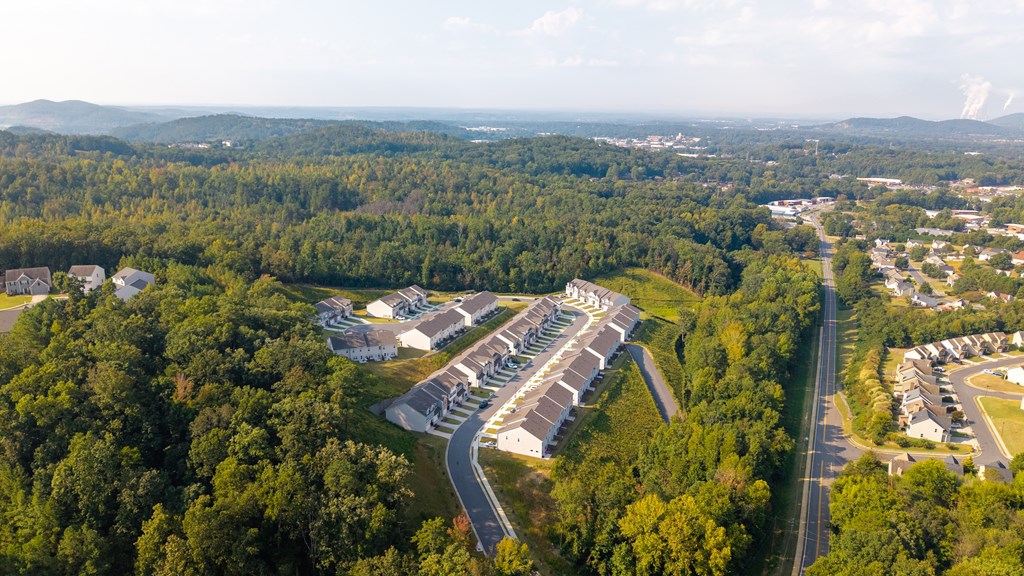 Elevated perspective highlighting the community’s design and surroundings.
