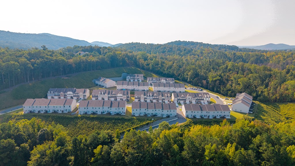 Community aerial showcasing homes, streets, and green spaces from above.