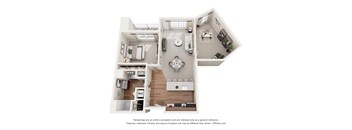 A 3D floor plan of a house with a kitchen, living room, and bathroom.