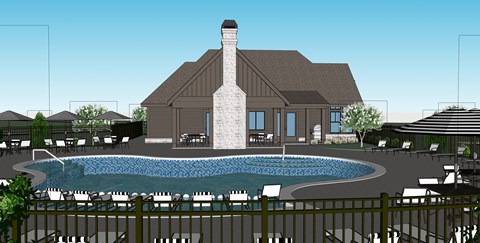 Clubhouse exterior with pool and lounge area.