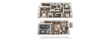 A 3D floor plan of a two-story house with a garage and a living room with a couch and a coffee table.