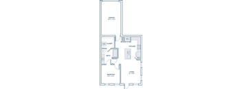 A floor plan of a house with a garage, kitchen, living room, and bathroom.