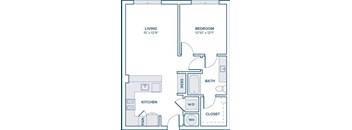 A floor plan of a small apartment with a living room, kitchen, bedroom, bathroom, and closet.
