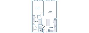 A floor plan of a small apartment with a bedroom, living room, kitchen, bathroom, and closet.