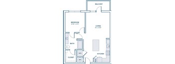 A floor plan of a small apartment with a bedroom, bathroom, kitchen, and living room.