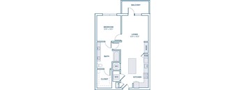 A floor plan of a small apartment with a bedroom, living room, kitchen, and bathroom.