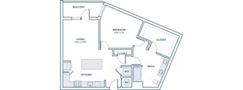 A floor plan of a home with a bedroom, living room, kitchen, bathroom, and closets.