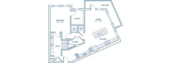 A floor plan of a home with a bedroom, bathroom, closet, living room, kitchen, dining room, and laundry room.