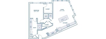A floor plan of a small apartment with a bedroom, bathroom, kitchen, and living room.