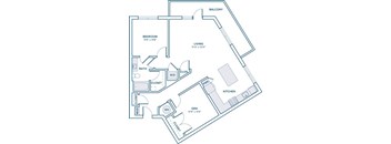 A floor plan of a home with a balcony, living room, kitchen, den, bathroom, and two closets.