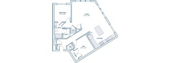 A floor plan of a home with a living room, two closets, a bathroom, a kitchen, and a den.