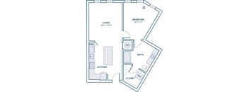 A floor plan of a small apartment with a living room, kitchen, bedroom, bathroom, and closet.