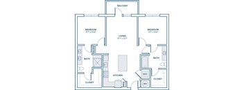 A floor plan of a two-bedroom apartment with a balcony.