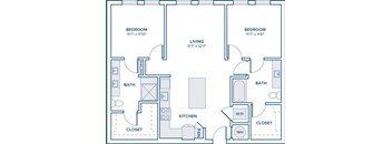 A floor plan of a home with two bedrooms, a living room, a kitchen, a bathroom, and a closet.