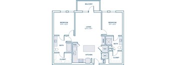 A floor plan of a home with two bedrooms, a living room, a kitchen, a bathroom, a pan, a mudroom, a desk, a wardrobe, and a closet.