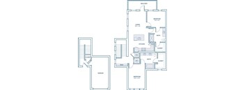 A floor plan of a house with a balcony, two bedrooms, a living room, a kitchen, a bathroom, a mud room, a garage, and two closets.