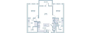 A blueprint of a house layout with two bedrooms, a living room, a kitchen, a bathroom, a pan, a wash basin, a linen closet, and a balcony.