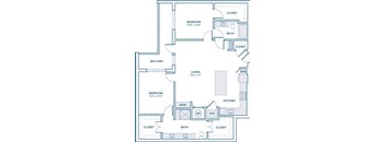 A floor plan of a house with two bedrooms, a living room, a kitchen, a bathroom, a balcony, and closets.